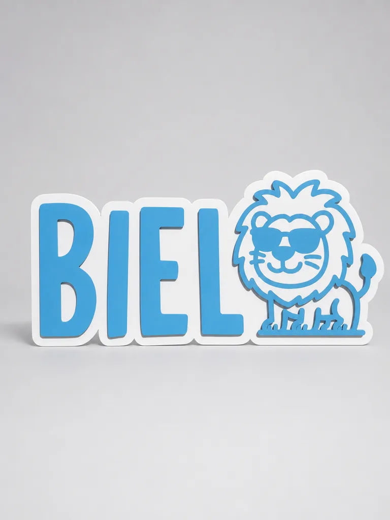 Nombre de madera personalizado BIEL con un león, pintado en azul