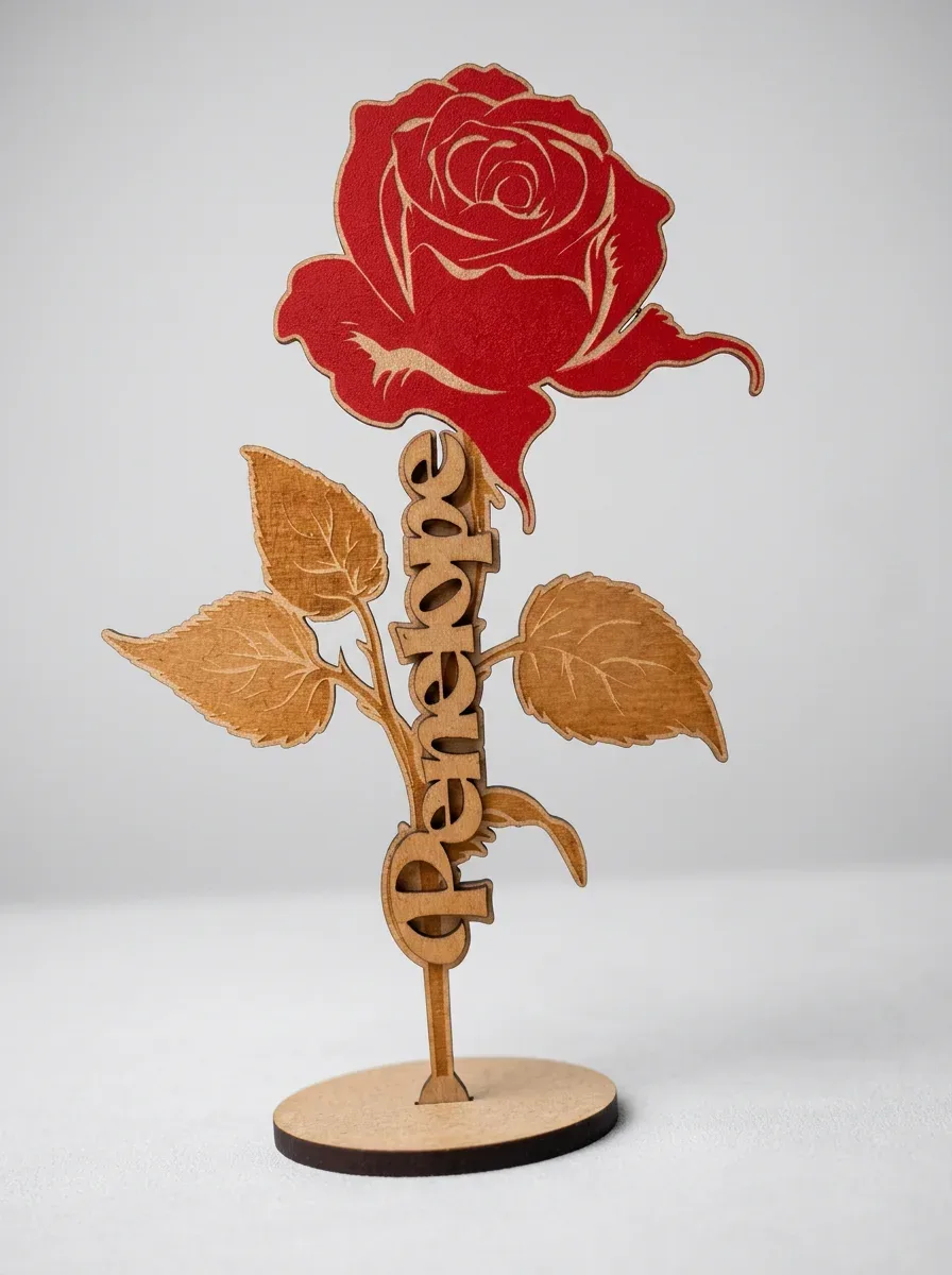 Rosa de madera roja con el nombre Penélope grabado en el tallo
